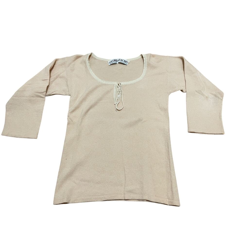 Gloria‎ Sachs Vintage Cashmere Sweater Beige Striped Lace Up Henley Scotland Med
